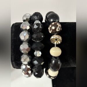 Elegant Black and Silver Tone Beaded 3 Bracelet Set. 7”-71/2”